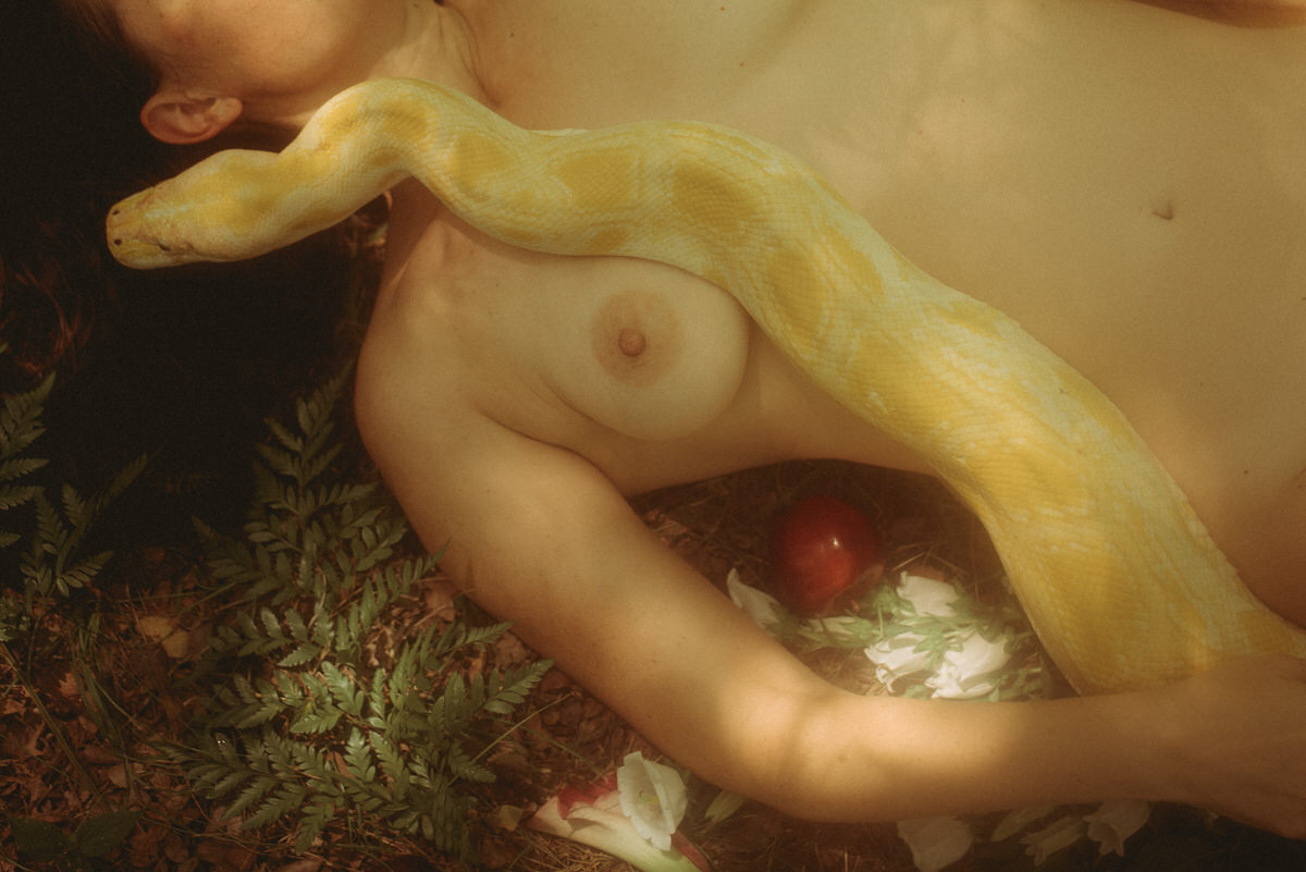 A large yellow python laying on a woman's naked body in the forest.