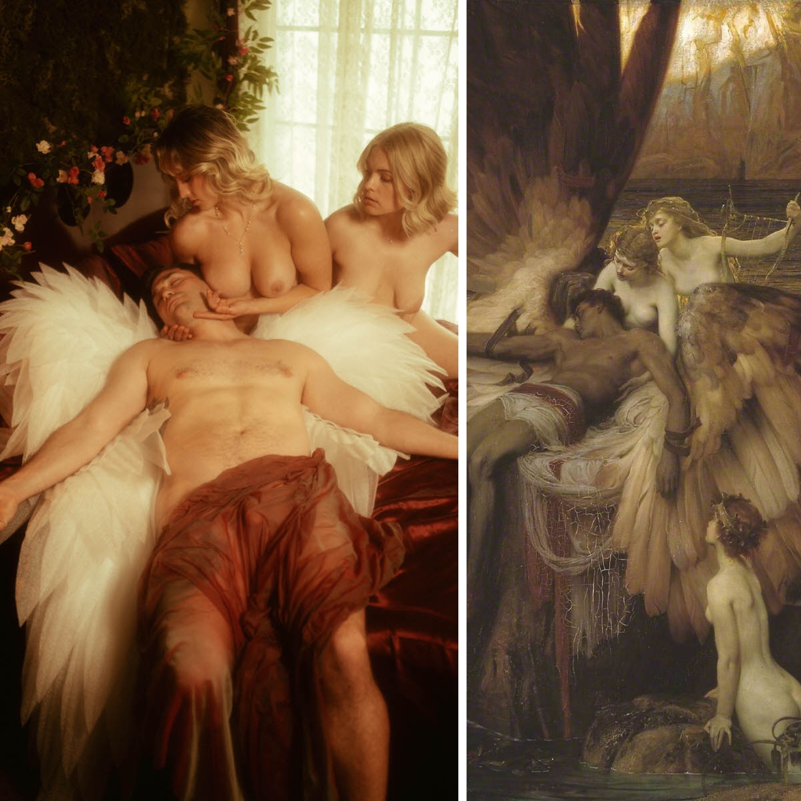 A diptych featuring a modern near-nude scene on the left with two women and a man with wings, reminiscent of a polyamorous couples boudoir session, and a classical painting on the right depicting angels and a reclining figure.