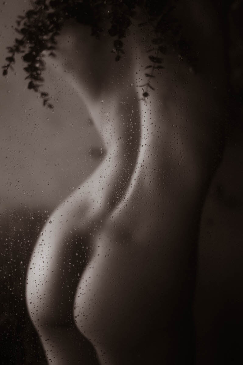 Silhouetted, blurred nude figure seen through a wet, rain-specked glass surface. Eucalyptus leaves are faintly visible near the figure's head, invoking the delicate essence often captured in fine art nude photography.