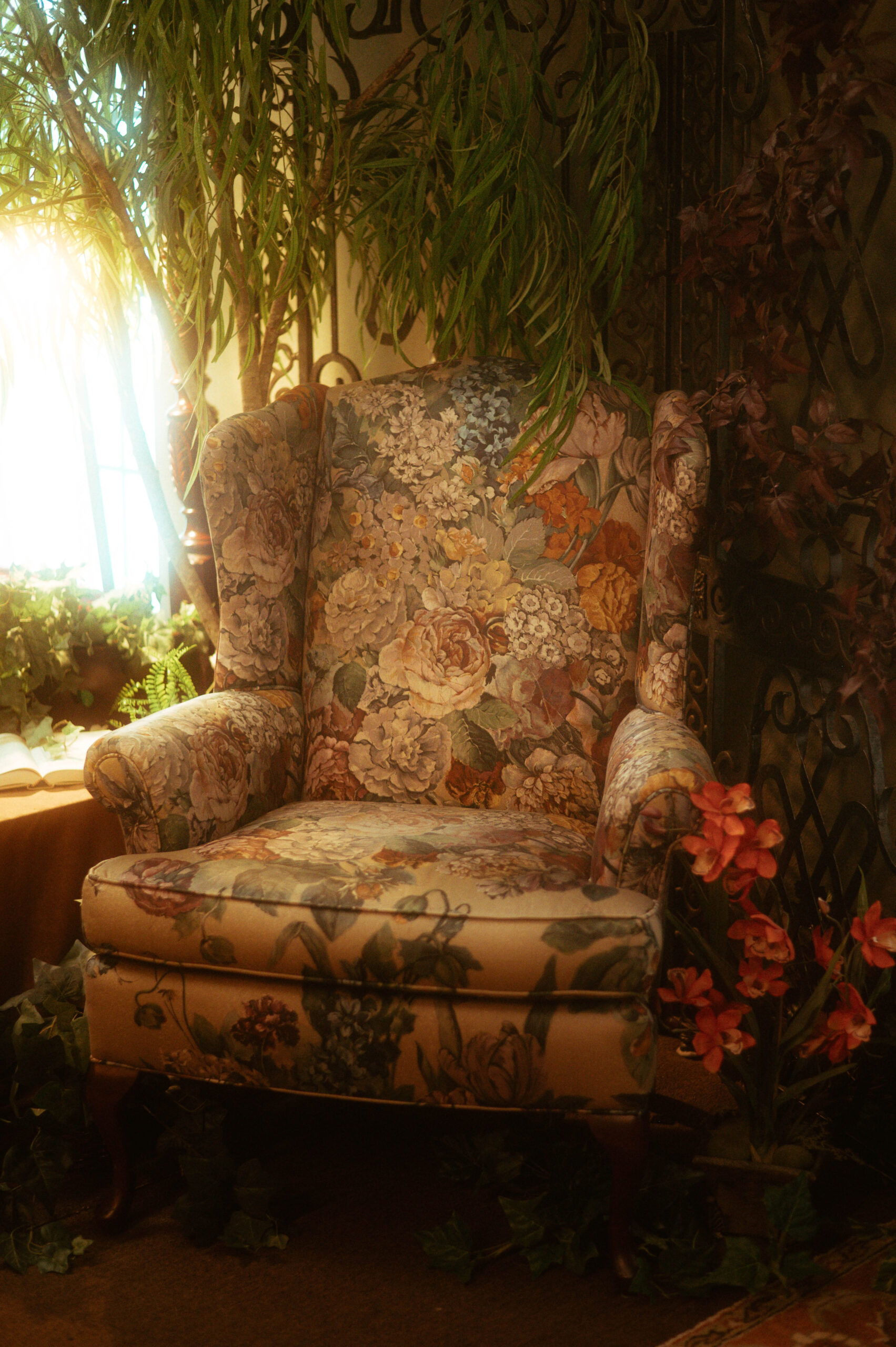 A vintage floral armchair is surrounded by various plants and flowers in a warmly lit, fall-themed photography studio.