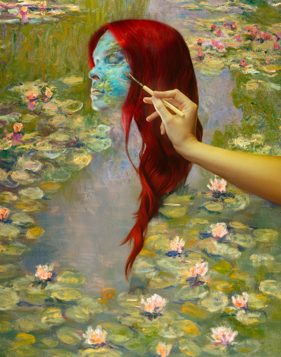 A hand paints a woman's face on a canvas, seamlessly blending it into a Monet-inspired water lily pond scene. Her red hair contrasts beautifully with the vivid blue body paint covering her face, creating a look reminiscent of an artistic body paint photoshoot.