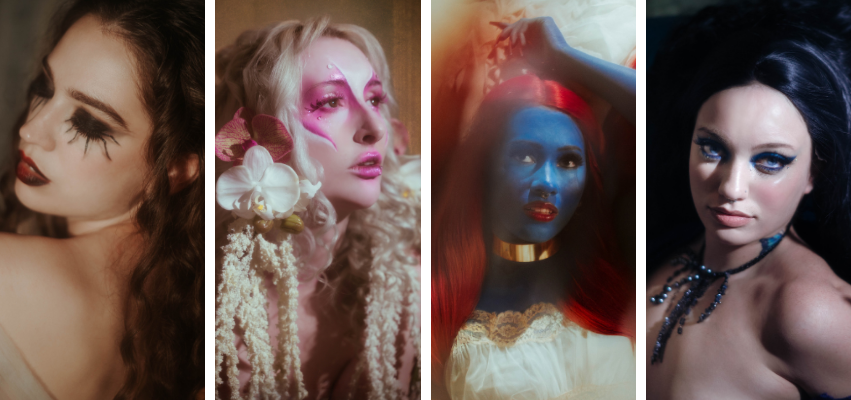 Collage of four boudoir portraits showcasing dramatic editorial makeup looks, including bold lashes, face paint, and fantasy-inspired designs, highlighting artistic boudoir styling and creative beauty expression.