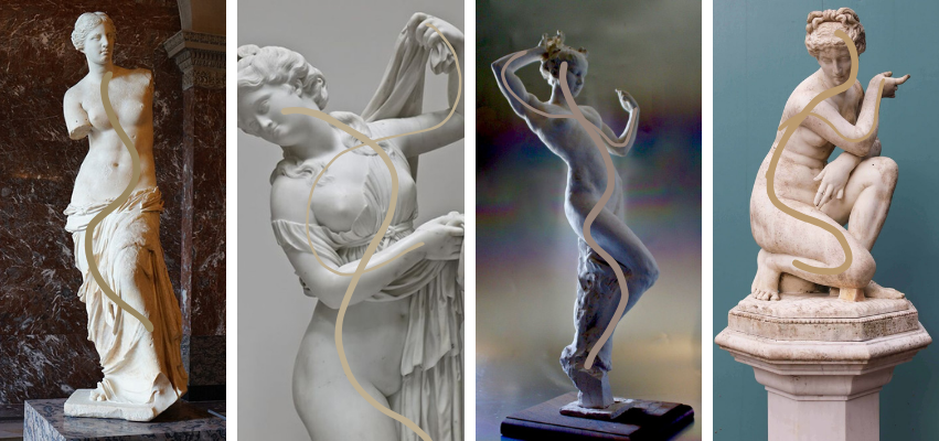 A collage of four classical statues with soft golden lines tracing the S-curve shape of each figure to illustrate elegant boudoir posing techniques inspired by fine art sculpture. The image highlights the graceful flow of the spine, hips, and limbs, offering timeless reference points for creating sensual and artistic boudoir poses.