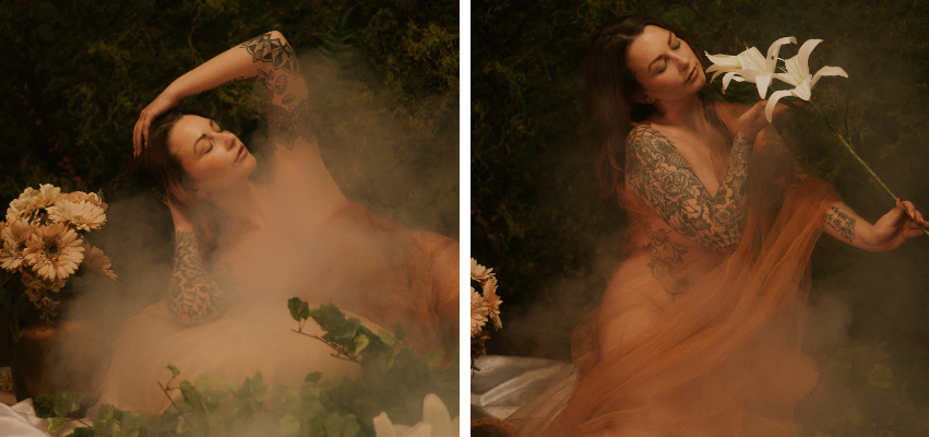 Two ethereal boudoir portraits featuring a tattooed model surrounded by fog and flowers, wearing a sheer golden fabric in a painterly forest-inspired set at Royal Lune Studio in Dallas, TX.