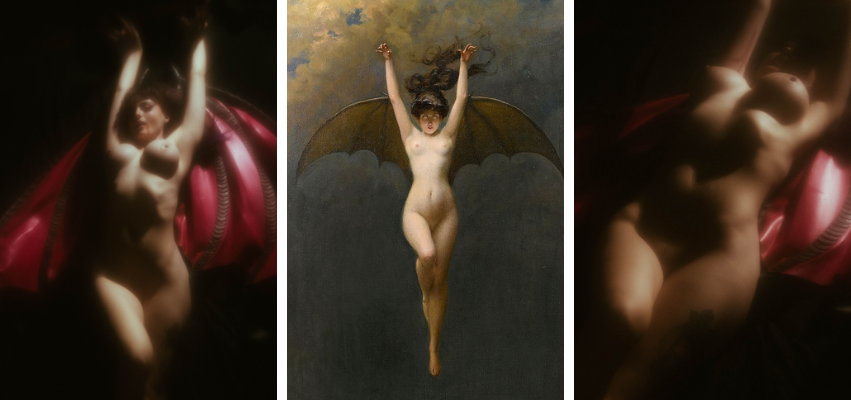 Moody fantasy boudoir inspired by vintage art, featuring a nude model posed with red and black bat-like wings in soft, dramatic lighting alongside a classic painting of a flying winged woman.