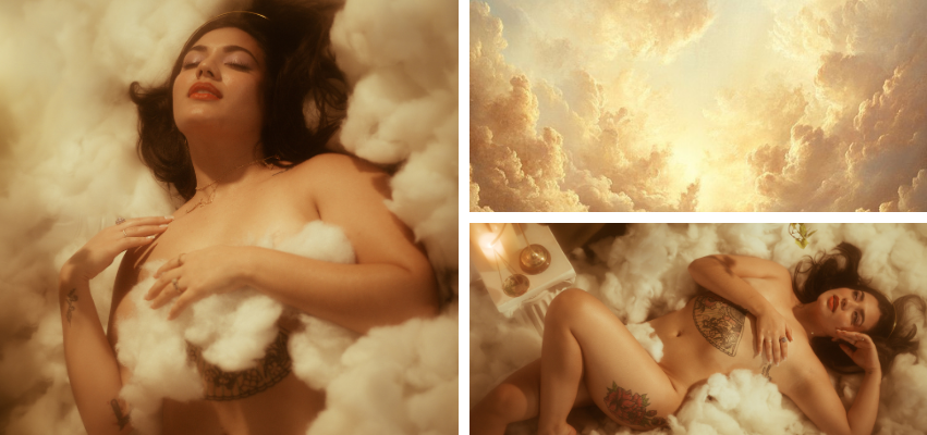 Dreamy boudoir featuring a model reclining in a soft cloudscape made of polyfil, styled with celestial elements and warm golden light, evoking a heavenly, angelic aesthetic.