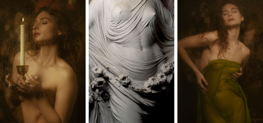 Triptych of fine art boudoir images inspired by classical sculpture, featuring a model draped in wet-look fabric and holding a candle, evoking the softness and texture of carved marble.