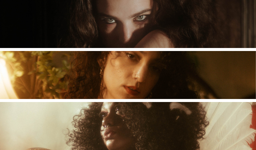 Three stacked portraits highlighting expressive facial poses in boudoir photography—ranging from an intense, shadowed gaze to a soft, relaxed expression and a contemplative upward glance with angel wings. The image showcases the emotional range and storytelling power of facial expression in intimate portraiture.