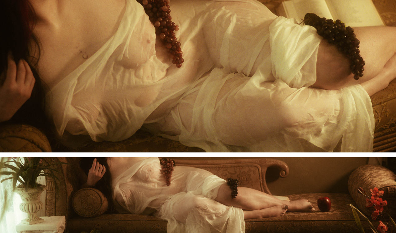 A fine art boudoir diptych featuring a nude subject draped in wet white fabric, reclining on a vintage sofa with clusters of grapes and an apple styled as symbolic props. Inspired by classical still life and Pre-Raphaelite art, this painterly composition highlights soft lighting, sensual posing, and luxurious textures for a dreamy, ethereal aesthetic.