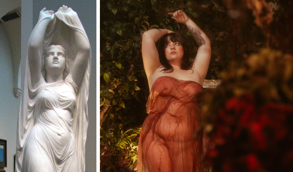 Side-by-side image comparing a neoclassical marble statue with raised arms draped in flowing fabric, and a contemporary boudoir portrait of a curvy model striking the same pose in sheer rust-colored fabric. The image emphasizes the timeless elegance of boudoir posing inspired by classical sculpture, captured in a romantic, nature-filled setting.