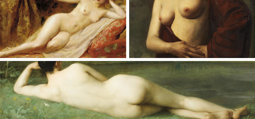 A collage of classical nude paintings featuring soft, naturalistic depictions of the female form in relaxed poses—one reclining indoors, one standing partially draped, and one lying by a body of water.