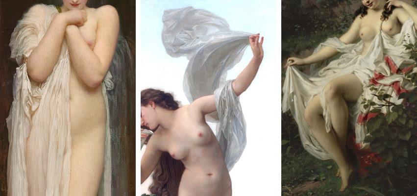 Three classical oil paintings of nude women draped in sheer white fabric, capturing the inspiration behind painterly boudoir photography and vintage styling.