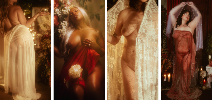 Four fine art boudoir portraits showcasing different painterly styles: each muse is nude or semi-nude, draped in sheer fabrics with floral elements, candlelight, and vintage-inspired decor that reflect romantic, artistic boudoir photography aesthetics.