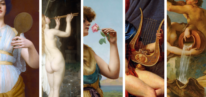 Collage of classical paintings featuring women engaged in artistic and symbolic acts—holding a mirror, playing a flute, smelling a rose, strumming a lyre, and pouring water—used in a painterly boudoir style guide to illustrate inspiration for poses, props, and themes.