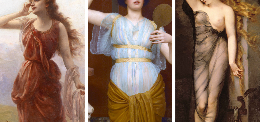 A collage of three classical paintings of women in flowing Greco-Roman gowns, showcasing ethereal draping, soft color palettes, and inspiration for boudoir style guides and painterly boudoir photography.