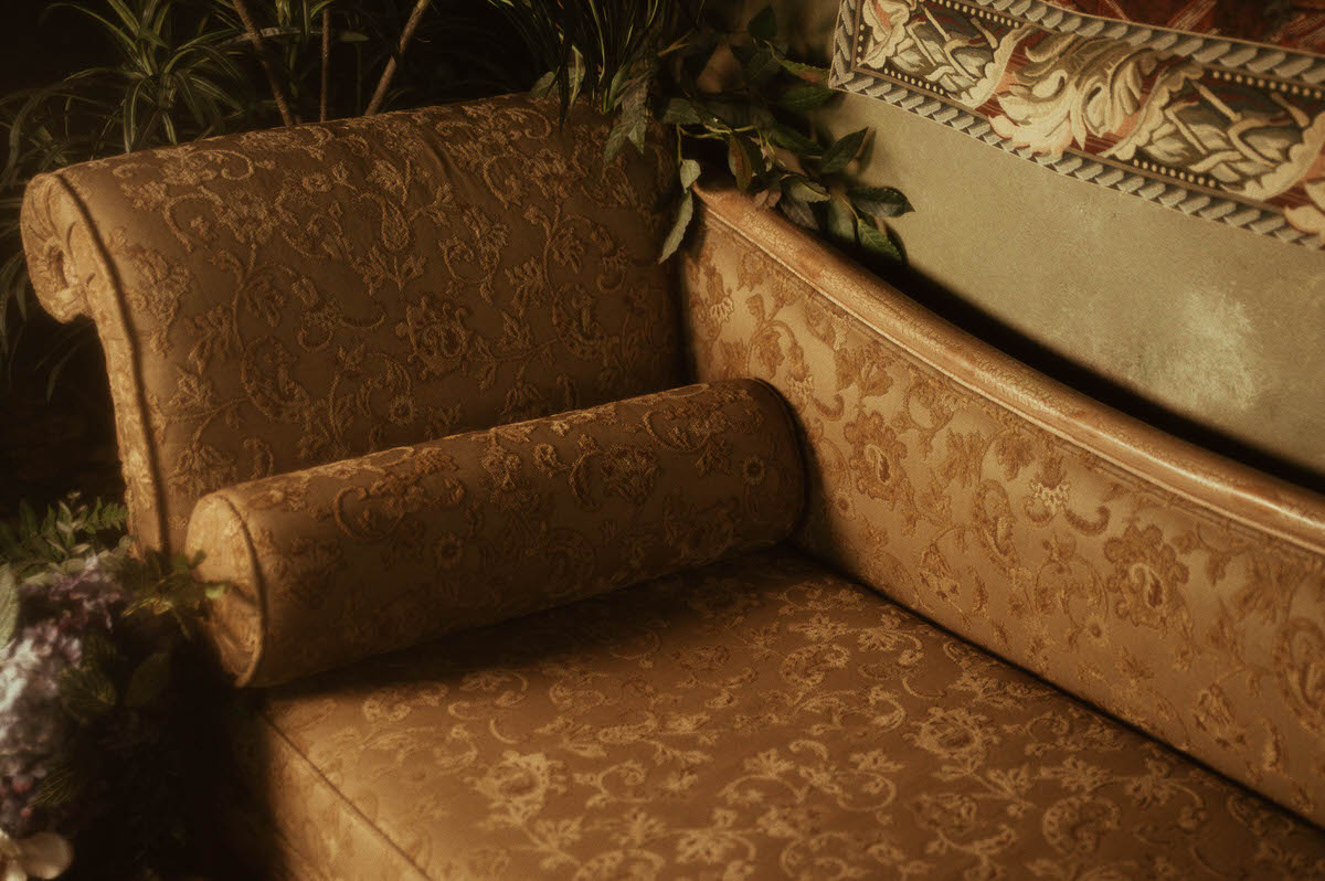 Vintage tapestry lounge at Royal Lune Studio with ornate gold upholstery, framed by greenery and a decorative wall tapestry, styled for a spring-inspired Dallas boudoir studio setup.