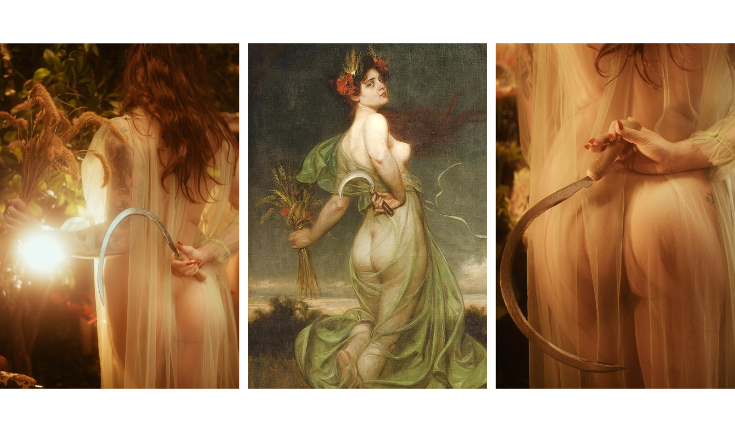 A fall boudoir photoshoot triptych compares Franz Doubek's painting Allegory of Summer to a woman holding a sickle in sheer ivory fabric, recreating the same pose and silhouette. Royal Lune Photo.