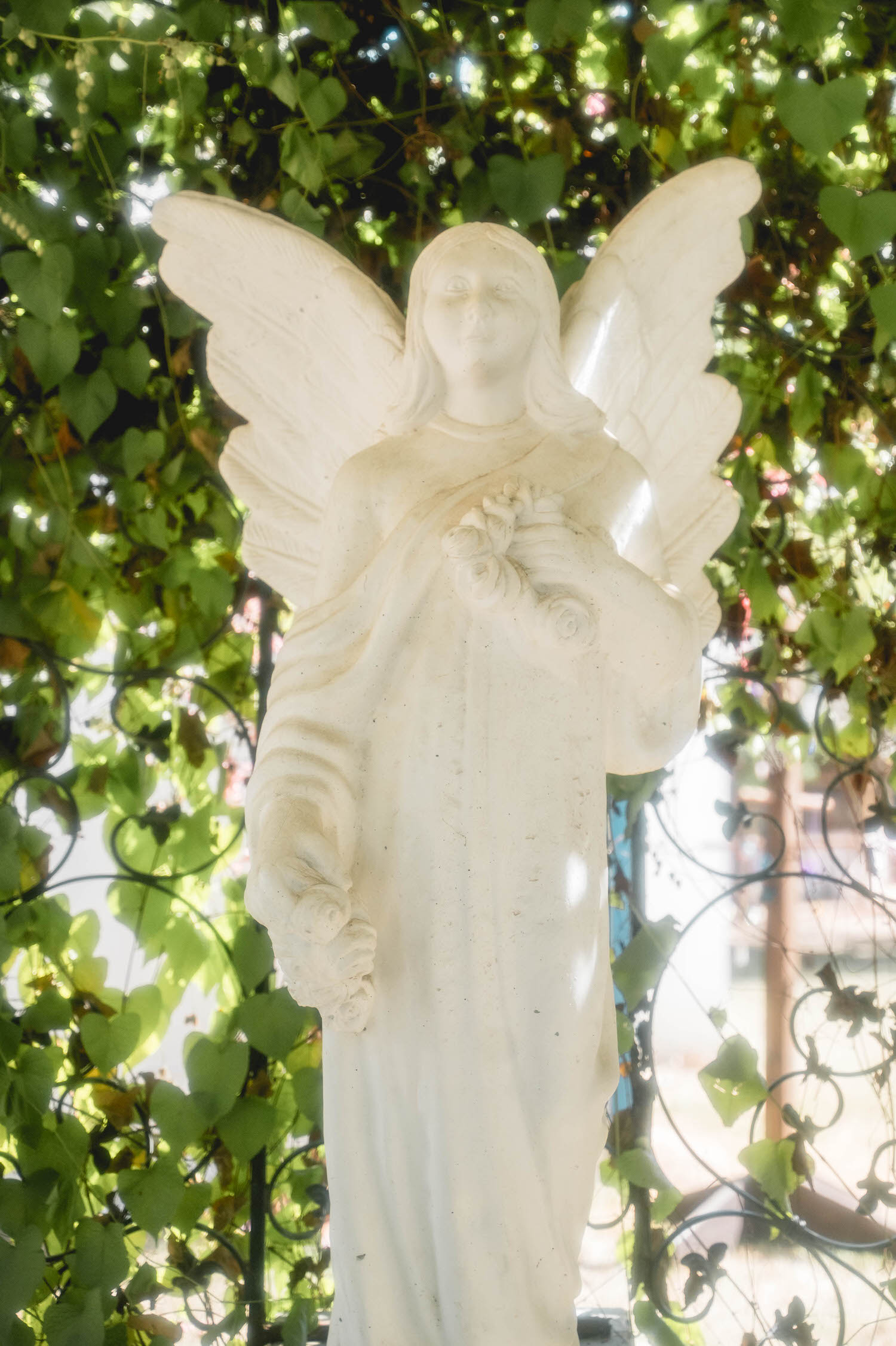 A weathered stone angel statue stands among lush green vines at the ceremony altar, adding a romantic and fantastical touch to the space. Details like this are part of what makes this such a sought after fantasy wedding photographer location. Royal Lune Photo.
