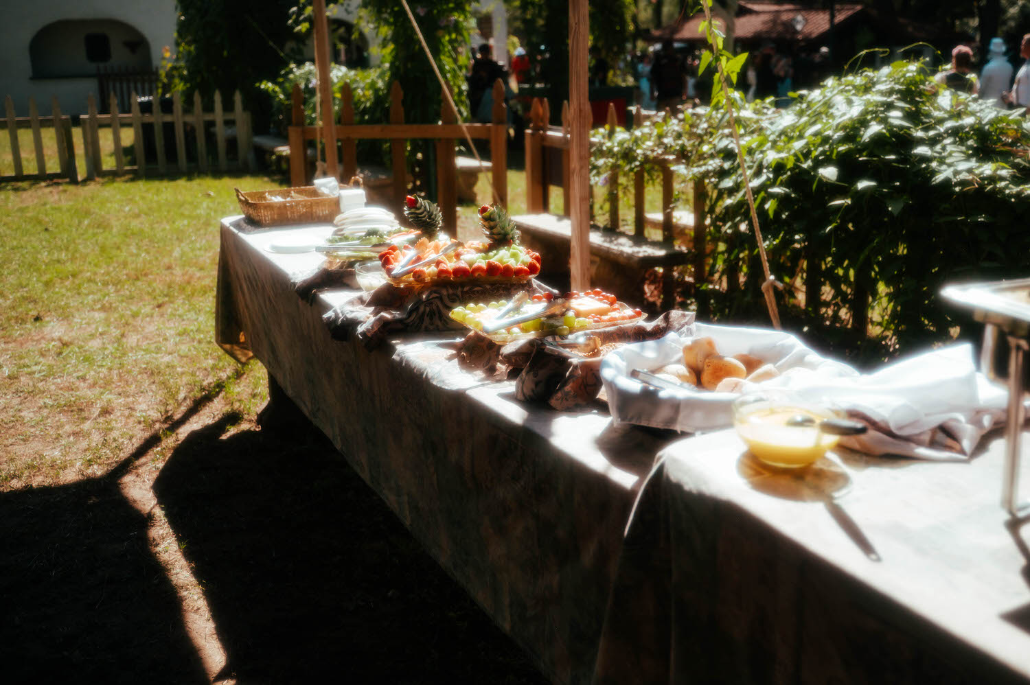 A long reception table is set with fresh bread, fruit, and vegetable platters beneath a leafy green canopy at the Italian Village. Spreads like this are part of what makes the Italian Village reception such a memorable setting. Royal Lune Photo.