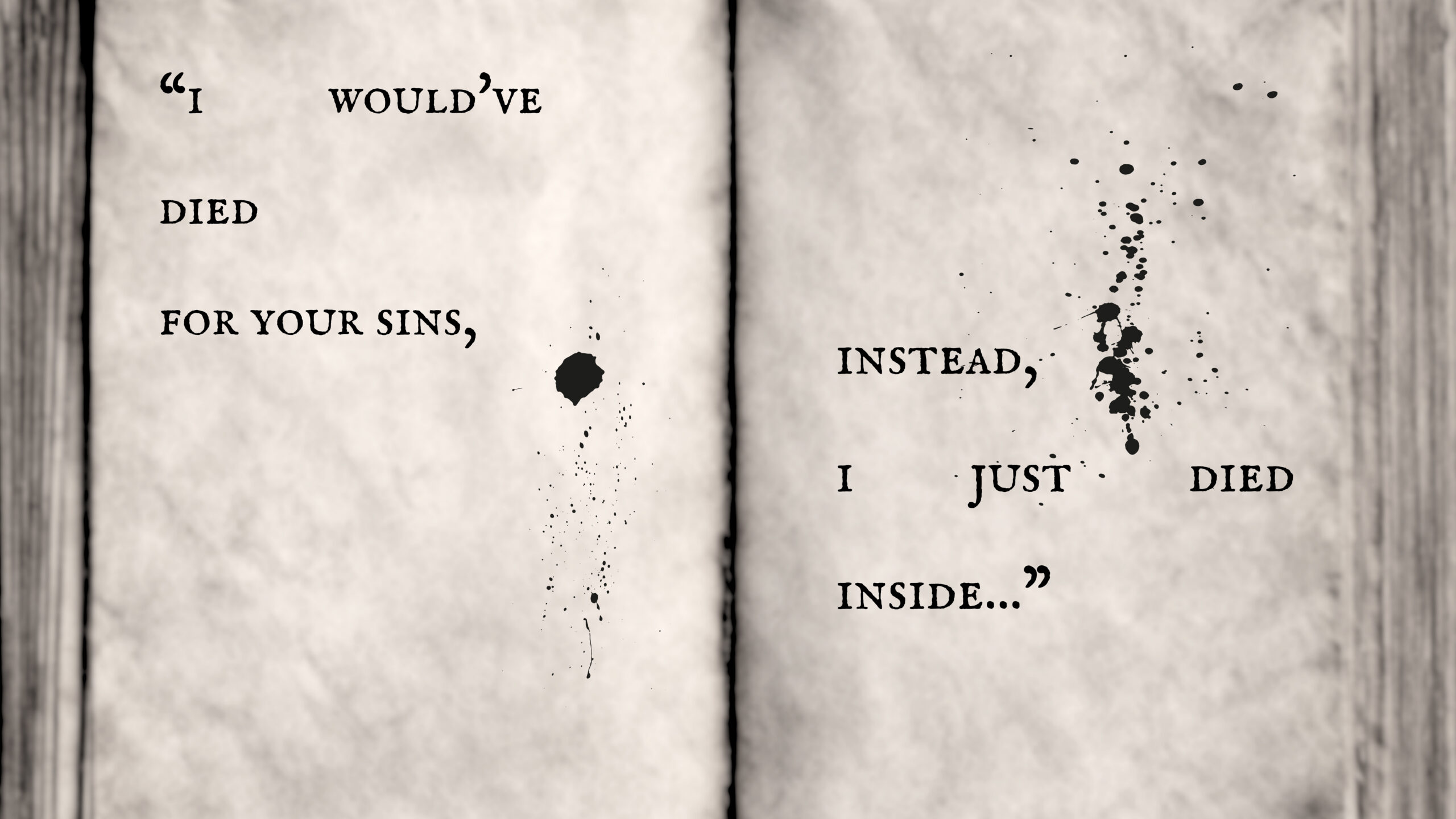 A typographic graphic displays a handwritten style quote over aged paper with ink blot accents, designed to complement this Tortured Poets Department photoshoot by Royal Lune Photo.