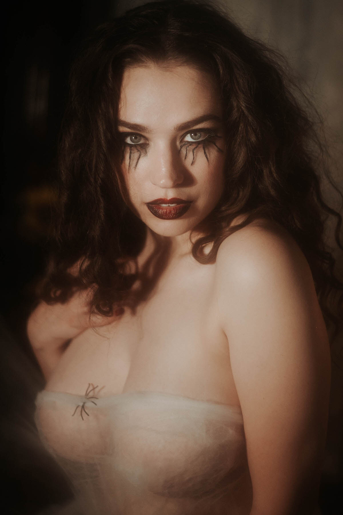 In this close up portrait, a woman wears a sheer cobweb wrapped bandeau top with a small prop spider near her chest, deep red lipstick, and dramatic eye makeup under low warm lighting for this gothic glamour photoshoot at Royal Lune Photo.